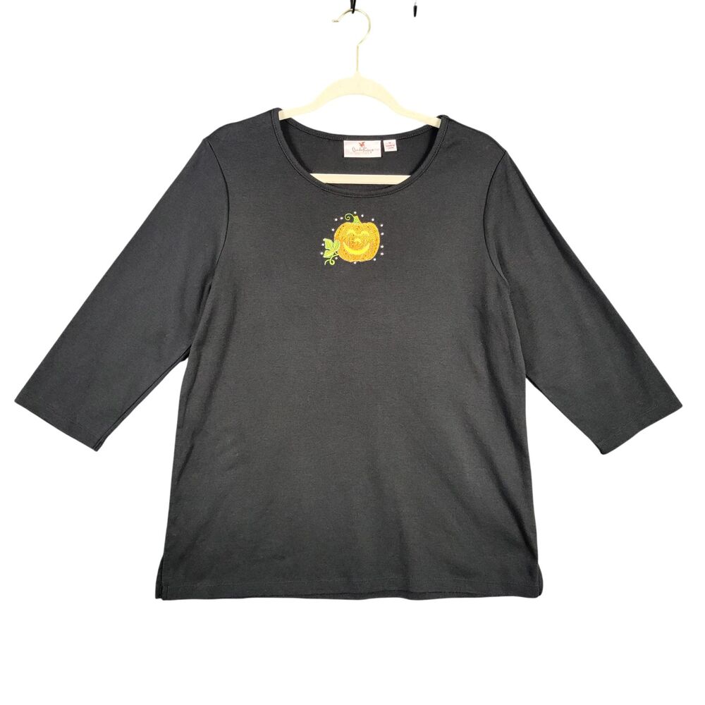 QUACKER FACTORY Black Embroidered Halloween Pumpkin Rhinestone Bling SIZE MEDIUM